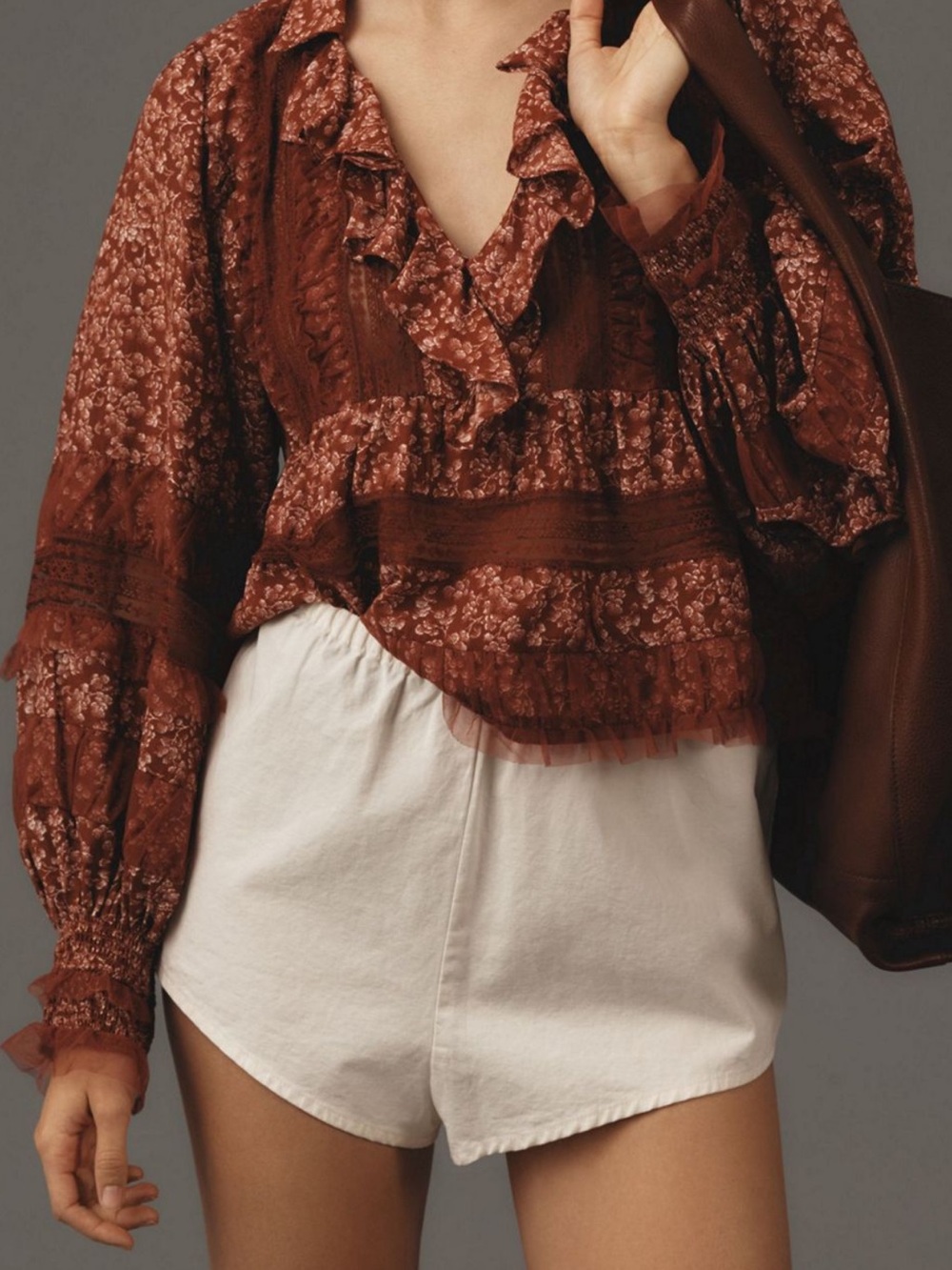 Anthropologie Rust-Red Floral Ruffle V-Neck Blouse